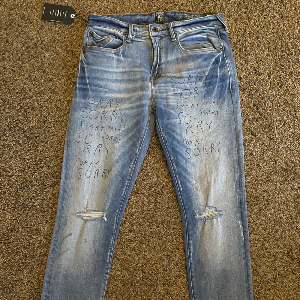 PRPS Blue 'SORRY' Print Skinny Jeans